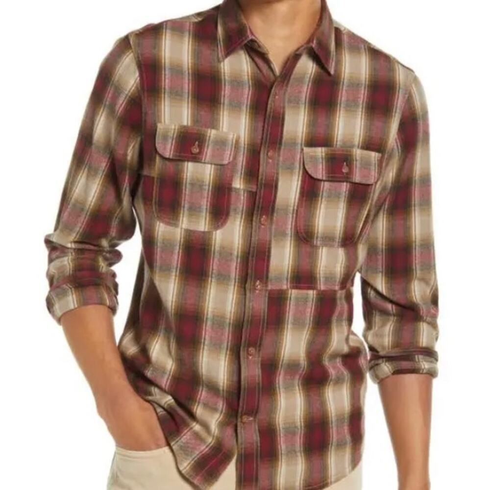 NWT TREASURE & BOND Tan Burrow Robin Ombré Flannel Plaid Button Front Shirt Mens